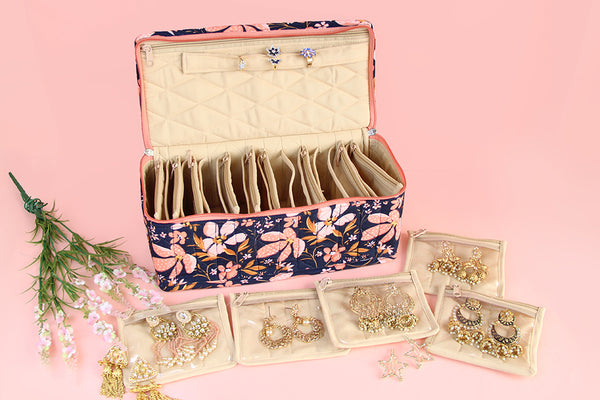 Earring Organiser - 12 Detachable pouch (Peach Petals)