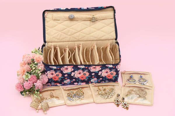 Earring Organiser - 12 Detachable pouch (Blue Garden)